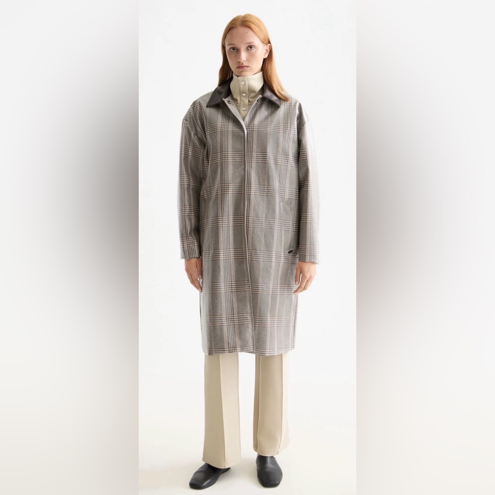 Scotch and Soda Plaid Long Coat with Dark Faux Leather Collar. Small